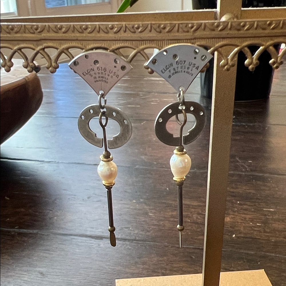 Unique “Timepiece” Silver and Pearl Dangle Earrings